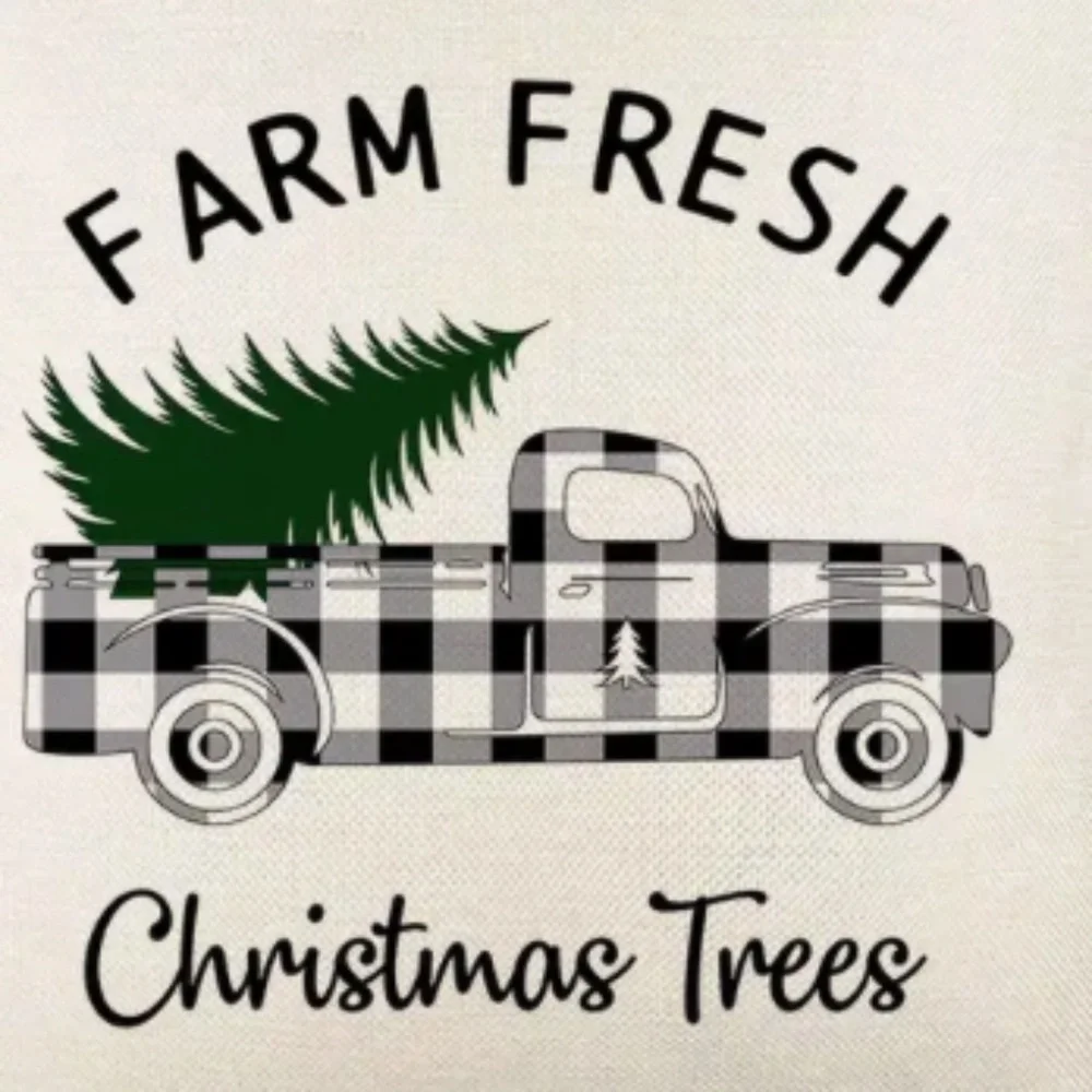 NEW FARM FRESH CHRISTMAS TREES BUFFALO CHECK VTG TRUCK LINEN PILLOW COVER 17.7